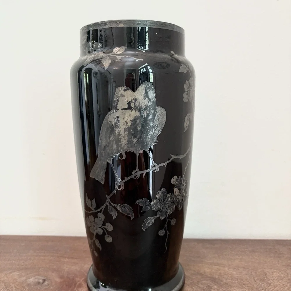 Vintage Czech Black Glass Etched Vase Birds Floral Art Deco Style Slovakia 10" - Picture 2 of 12